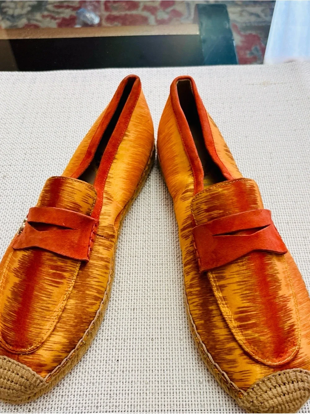 Sam Edelman Orange and Gold Espadrille Penny Loafers
